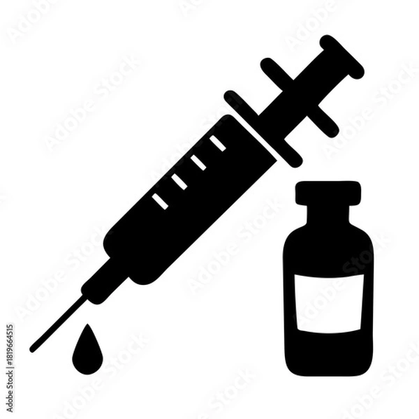 Fototapeta Black silhouette icon of a medical syringe with a drop on the needle and a small vial, symbolizing vaccination, injection, medicine, healthcare, and treatment concepts