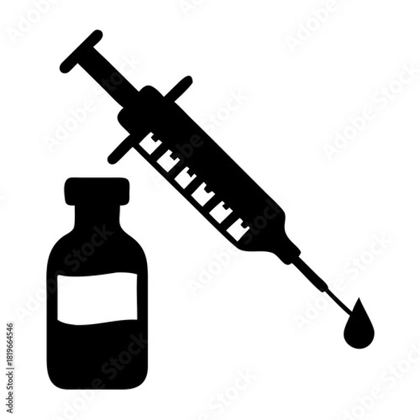 Obraz A black silhouette of a medical syringe with a drop of liquid at its needle tip, positioned next to a pharmaceutical vial, representing vaccination, medication, and healthcare concepts