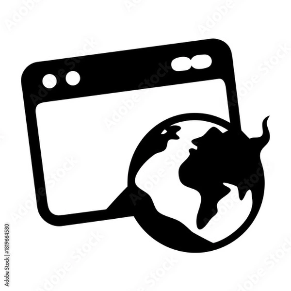 Fototapeta A black and white icon depicting a web browser window with a globe overlapping it, symbolizing global internet access, worldwide web connectivity, online communication, and digital technology