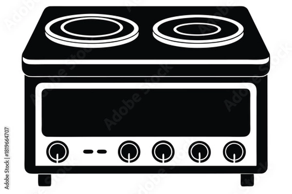 Fototapeta Simple black and white stove displays dual burners and four knobs for function control