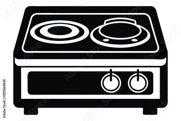 Fototapeta Black and white dual hob electric cooker icon with control knobs and two burners