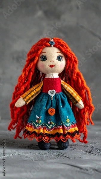 Obraz Handmade doll with vibrant red hair and colorful dress on gray background.