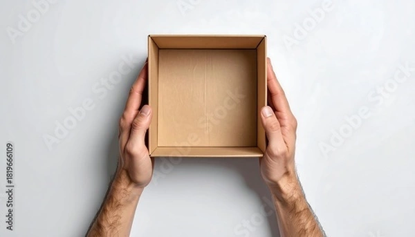 Obraz Hands Holding Empty Cardboard Box on White Background.