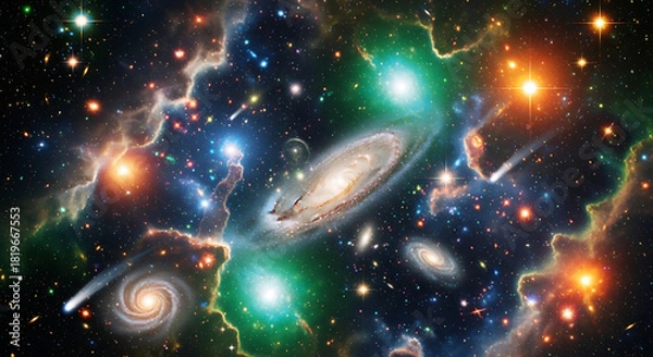Obraz Cosmic panorama of galaxies, nebulae, and comets in a colorful universe space galaxy