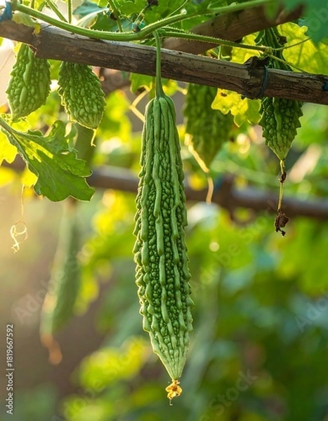 Obraz Hanging Bitter Melon - A Close-Up of a Vibrant Green Vegetable.