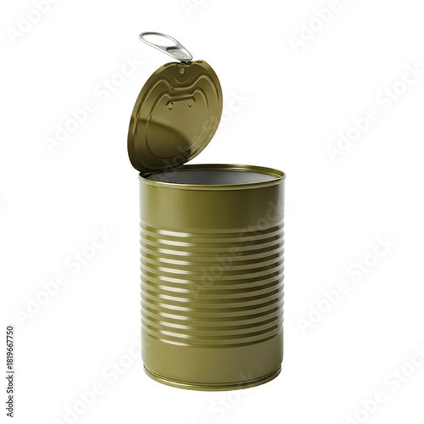 Fototapeta An opened green metal can with a lid partially attached on a solid color isolated background view on transparent background
