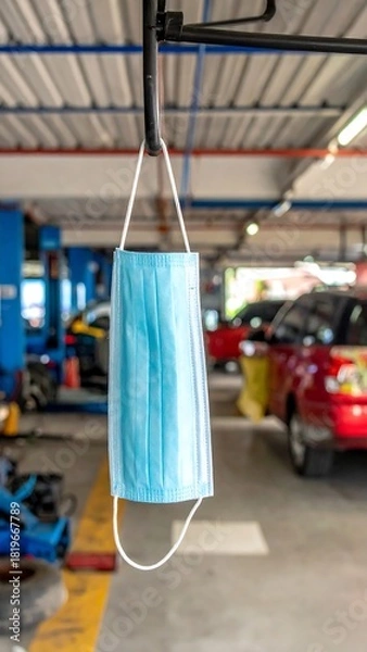 Obraz Hanging Face Mask in Auto Repair Shop - Safety and Protection.