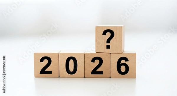 Fototapeta Wooden blocks spelling the year twenty twenty six with a question mark on top on a bright surface 