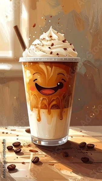 Obraz Happy Coffee - A Delicious and Joyful Iced Latte with Whipped Cream.