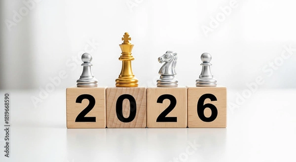 Fototapeta Chess pieces atop wooden blocks spelling out the year twenty twenty six on a bright surface 