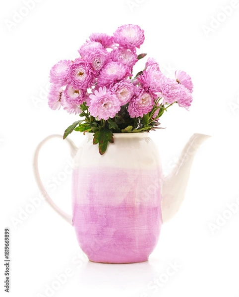 Obraz Pink chrysanthemum bouquet in a ceramic teapot vase on white background.