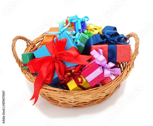 Fototapeta Colorful gift boxes in wicker basket isolated on white background.