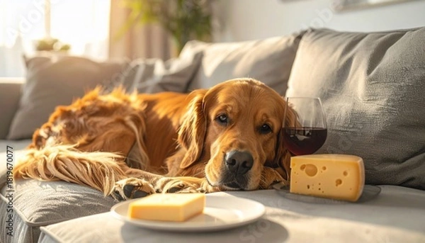 Fototapeta Golden Retriever chilling on a couch with cheese and wine enjoying the indoor sun bathed scene