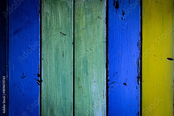 Obraz Blue, green and yellow painted wooden planks with distressed, weathered texture and vintage rustic horizontal paneling background, aged