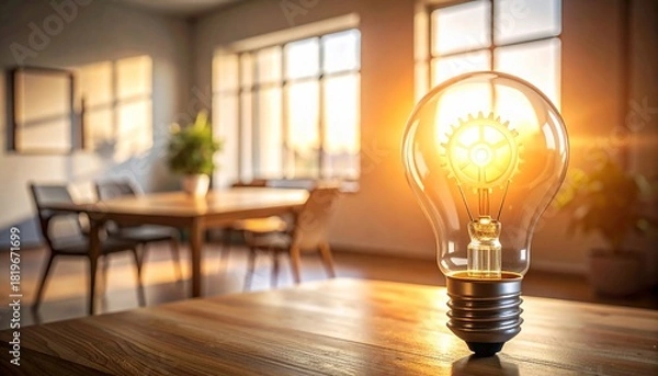 Fototapeta Illuminated Gear Inside Lightbulb on Table Illustrating Innovation Concept