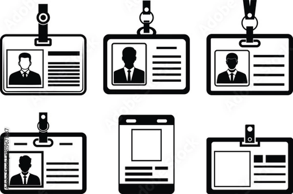 Fototapeta ID badge and name tag icons set – employee identification card with lanyard, access pass template vector
