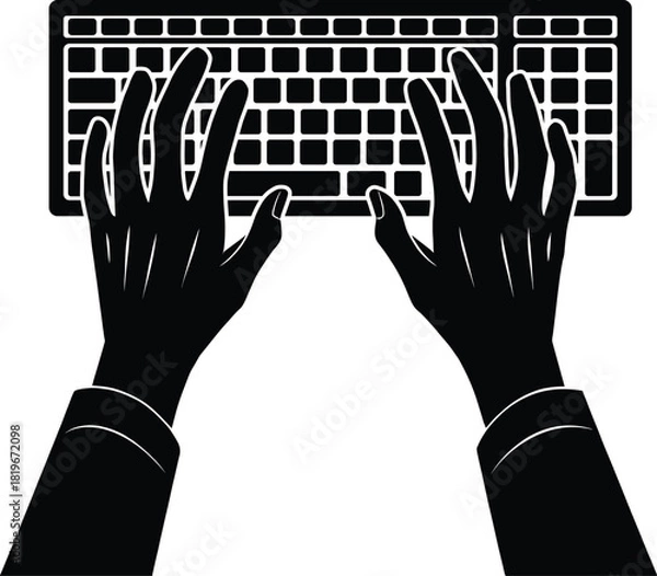 Fototapeta Hands typing on computer keyboard – programmer coding, data entry, office work concept – black vector silhouette