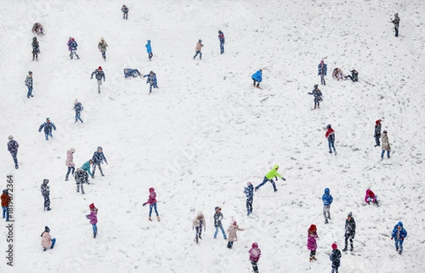 Obraz Snow Winter Children without recognizable faces Playing in the school yard