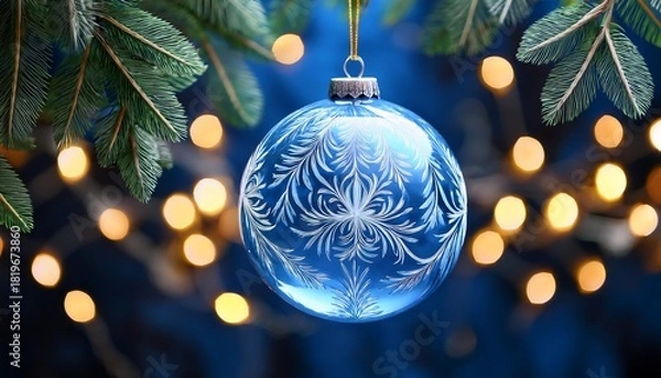 Obraz Light Blue Globe Ornament Hanging Amidst Christmas Lights And Twigs
