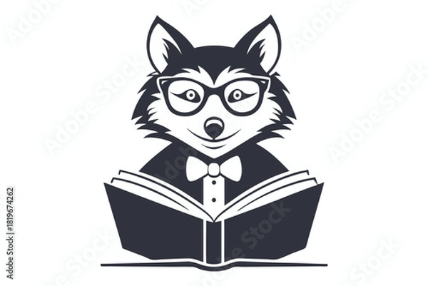 Fototapeta Isolated wolf reads an open book while wearing glasses and a bow tie