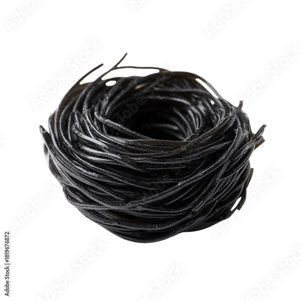 Obraz Black squid-ink spaghetti nest. Isolated white background. Png format