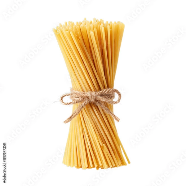 Obraz Classic wheat spaghetti bundle tied with kraft string. Isolated white background. Png format