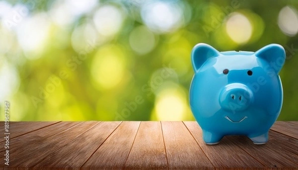 Fototapeta Blue Piggy Bank On Wooden Table Over Blurred Green Bokeh Background Saving Money Concept