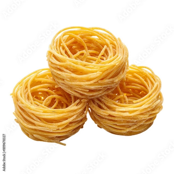 Obraz Mini spaghetti nests arranged in trio stack. Isolated white background. Png format