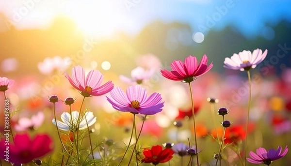 Fototapeta Vibrant field of colorful flowers illuminated by the sun's warm, golden light