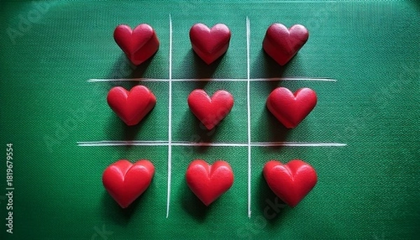 Obraz Valentines Tic Tac Toe Game On A Green Background Where Hearts Win Over The X Symbol Playful Romantic Concept Ideal For Love Relationships Valentiners Day And Creative Design Projects