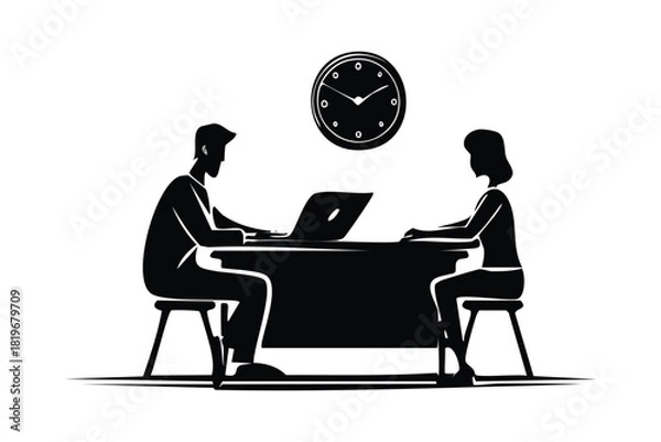 Obraz Business Meeting Silhouette Two Professionals Collaborating at Desk with Wall Clock