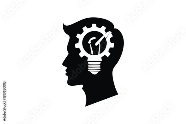 Obraz Creative Idea Silhouette Male Head with Gear and Lightbulb Innovation Concept