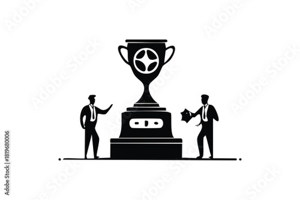 Obraz Business Achievement Silhouette Two Men Celebrating Success with Large Trophy