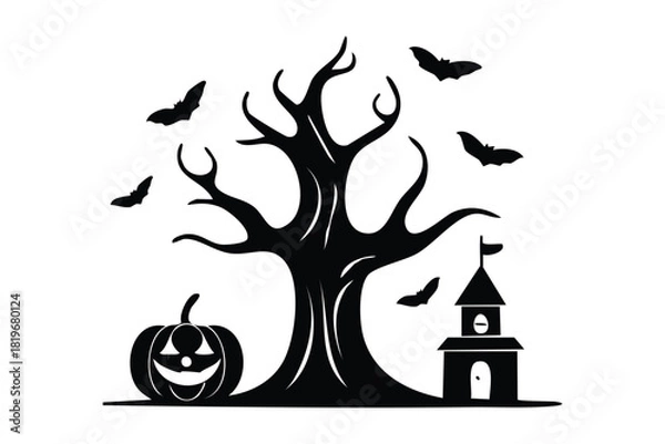 Obraz Spooky Halloween Night Silhouette with Haunted Tree Pumpkin and Flying Bats