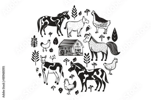 Obraz Rustic Farm Animals and Barn Silhouette Circle Design with Botanical Elements