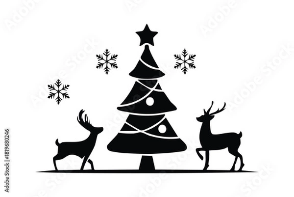 Obraz Elegant Christmas Tree and Reindeer Silhouettes with Snowflakes Festive Winter Scene