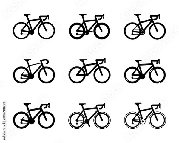 Fototapeta Nine Outline Road Bicycle Icons: Vector Grid Set of Minimalist Black and White Cycling Silhouettes for Race, Fitness, Travel, and Graphic Design Line Art Collection