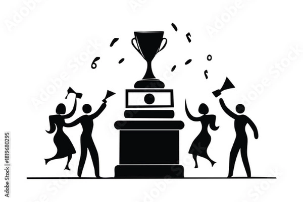Obraz Victorious Celebration Silhouette with People Cheering Around a Grand Trophy