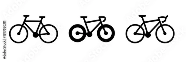 Fototapeta Three Black Minimalist Bicycle Icons: Vector Set of Simple Bike Silhouettes Featuring Road, Mountain, and Commuter Styles for Transportation and Fitness Design