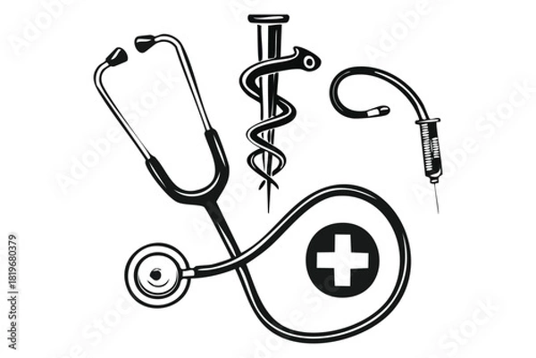Obraz Essential Medical Tools Silhouette Set Stethoscope Caduceus Syringe Healthcare