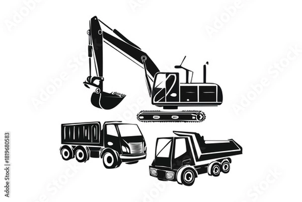 Obraz Collection of Construction Vehicles Excavator and Dump Trucks Silhouettes Isolated White Background