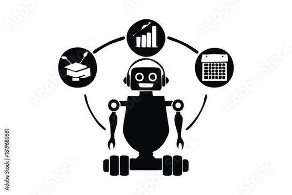 Obraz AI Robot Silhouette with Business Education Data Icons Artificial Intelligence Concept