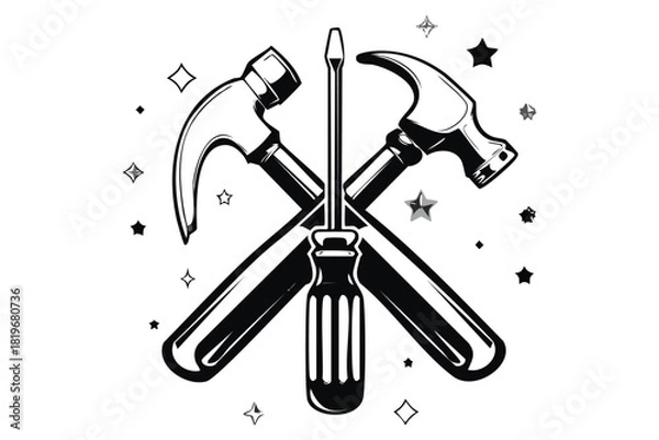 Obraz Crossed Hammers and Screwdriver Tools Silhouette with Stars on White Background