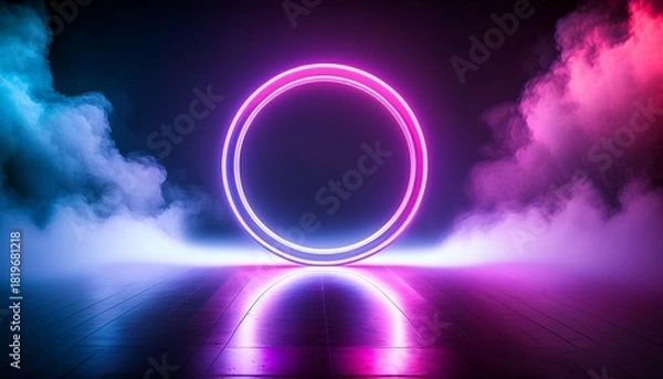 Fototapeta Glowing Neon Ring Emitting Pink And Purple Light With Hazy Smoky Background Reflecting On Textured Floor Creating Futuristic Atmosphere