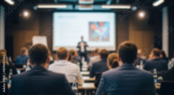 Fototapeta A blurred business conference scene showing an audience facing a speaker in a professional meeting room.