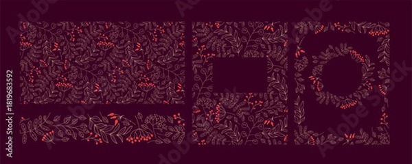 Fototapeta Natural seamless pattern, borders with red Berries, twigs. Floral winter vector Designs for wallpaper, wrapping, scrapbooking, card, invitation. Christmas backgrounds. Botanical doodle backgrounds