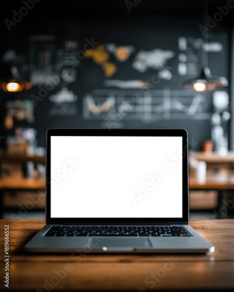 Fototapeta Laptop with blank analytics dashboard on desk in front of chalkboard wall with diagrams