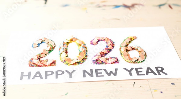 Fototapeta Creative happy new year 2026 text with vibrant pencil shavings art on white background Vector