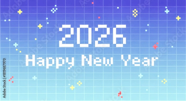 Fototapeta Happy new year 2026 pixel art digital celebration with retro grid and colorful confetti Vector