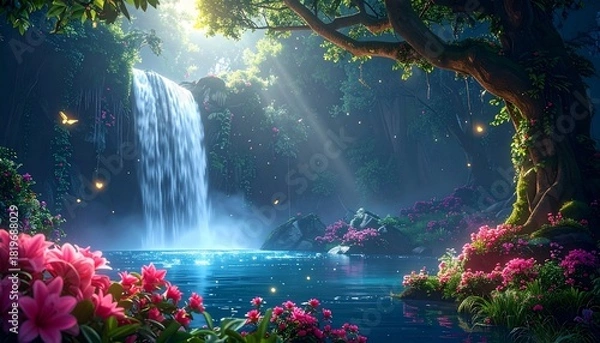 Fototapeta Enchanting Waterfall Scene: A Serene Landscape with Lush Flora and Mystical Light